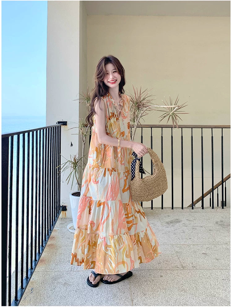 orange print tiered sleeveless dress 1color 【NINE7136】