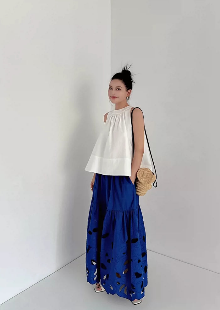 cutout embroidery tiered long skirt 2color 【NINE7053】