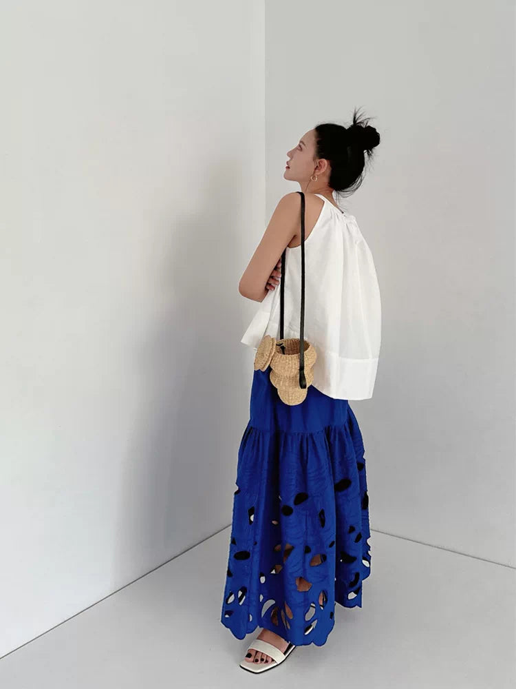 cutout embroidery tiered long skirt 2color 【NINE7053】