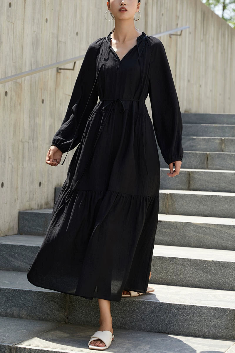 v-neck belt tiered long dress 1color 【NINE7227】