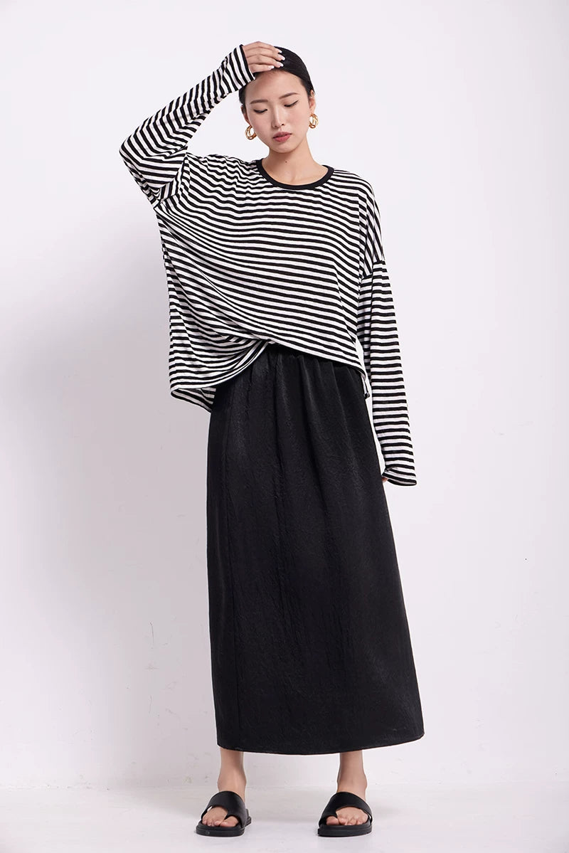 textured elastic waist long A-line skirt 1color 【NINE7217】