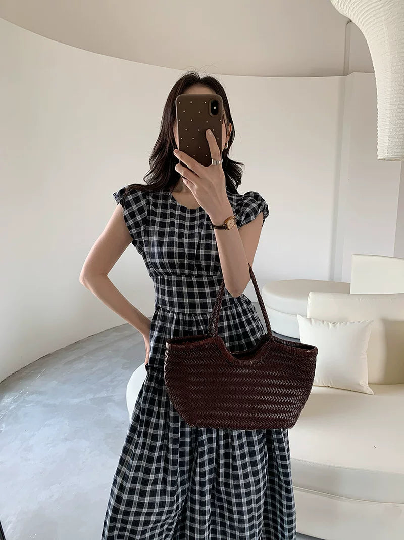 check tiered cap sleeve dress 1color 【NINE7066】