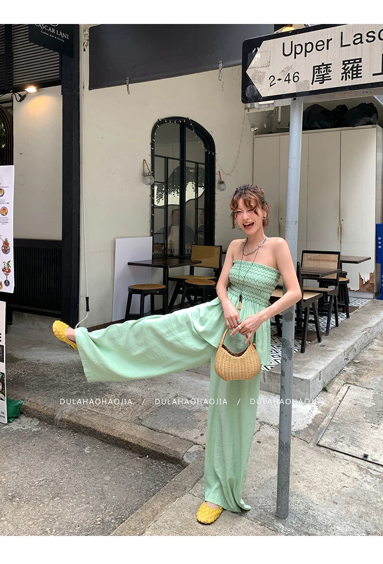 shirring bustier wide pants setup 1color 【NINE7095】