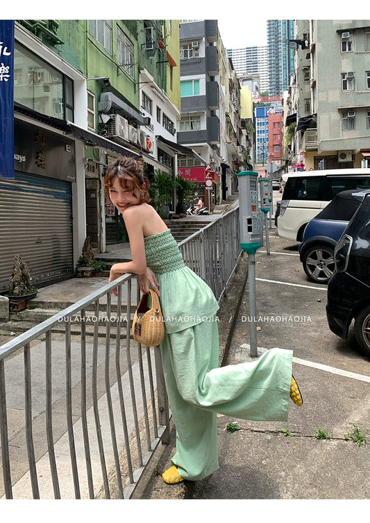 shirring bustier wide pants setup 1color 【NINE7095】