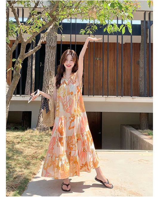 orange print tiered sleeveless dress 1color 【NINE7136】