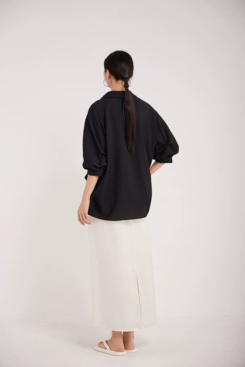 v-neck lapel puff sleeve shirt 3colors 【NINE7215】