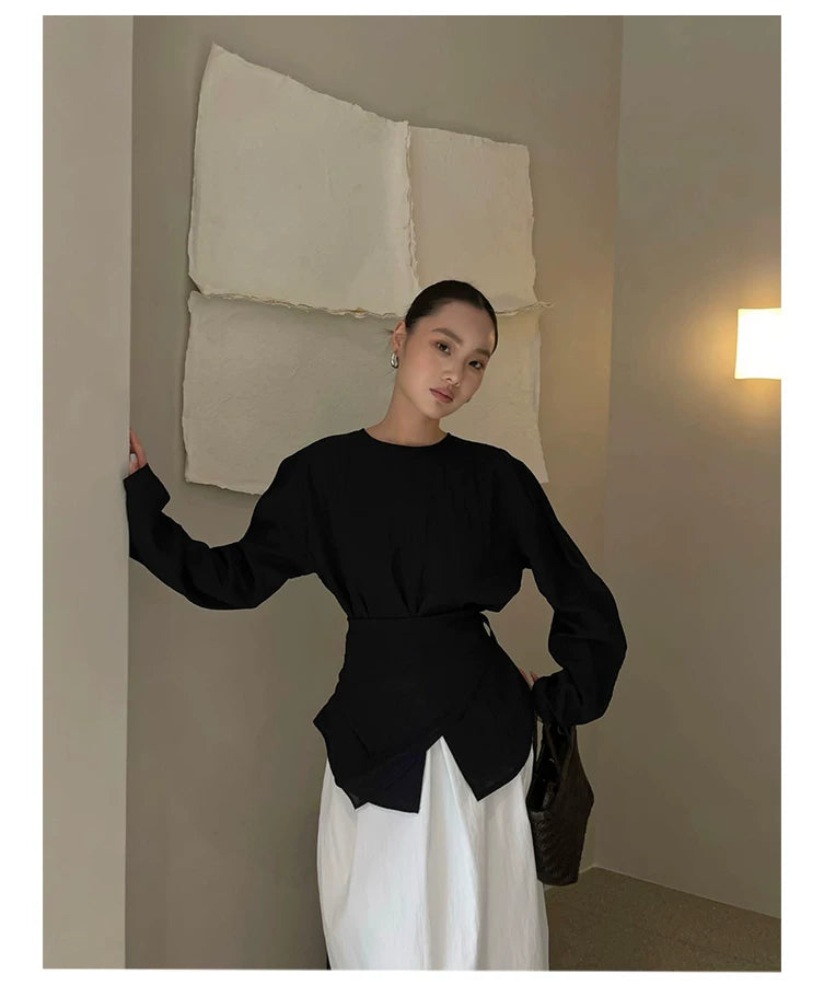 waist ribbon tie long sleeve blouse 1color 【NINE7198】