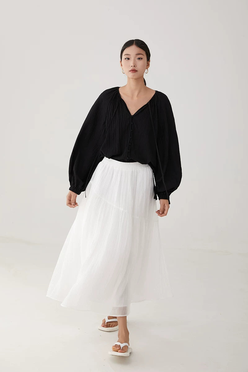 lace up tie lantern sleeve blouse 1color 【NINE7226】