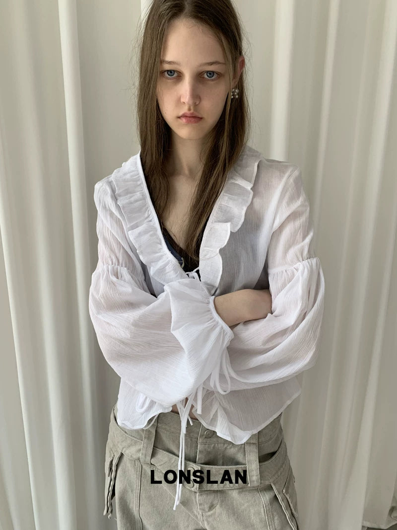 v neck ruffle long sleeve blouse 1color 【NINE7012】
