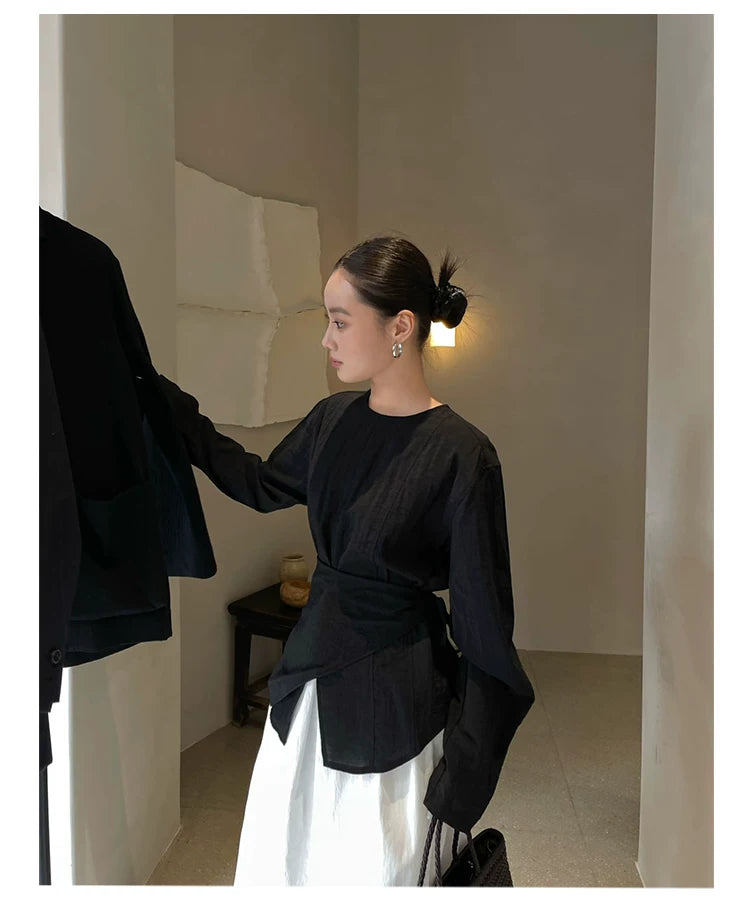 waist ribbon tie long sleeve blouse 1color 【NINE7198】