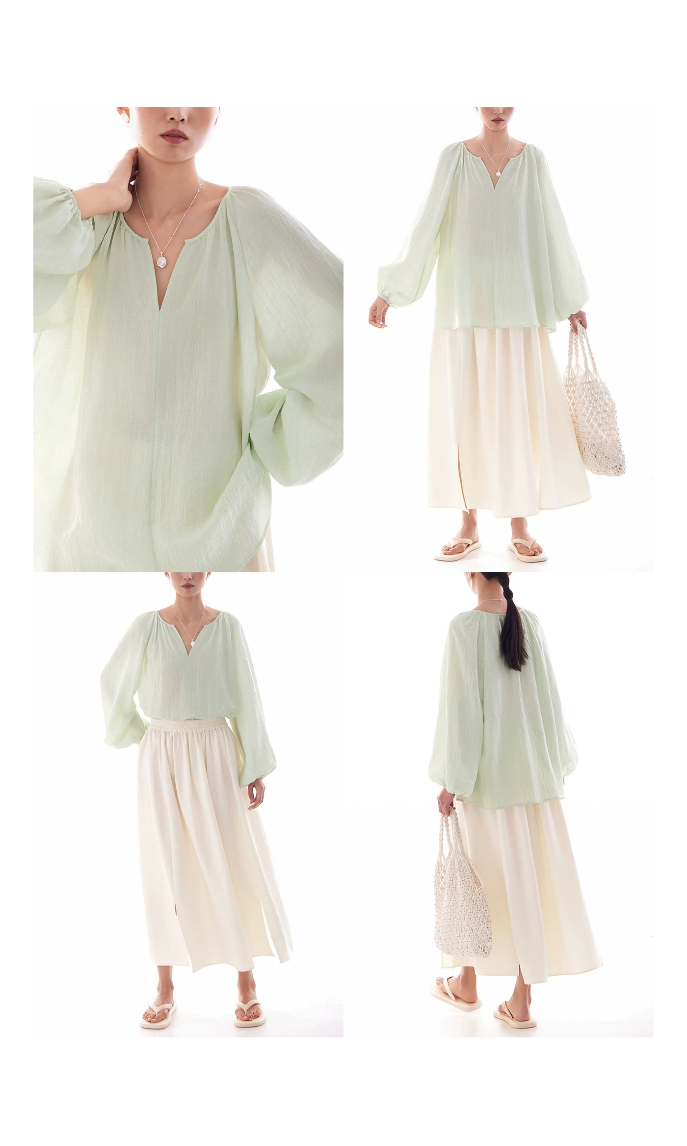 v-neck lantern sleeve loose blouse 14colors 【NINE7214】