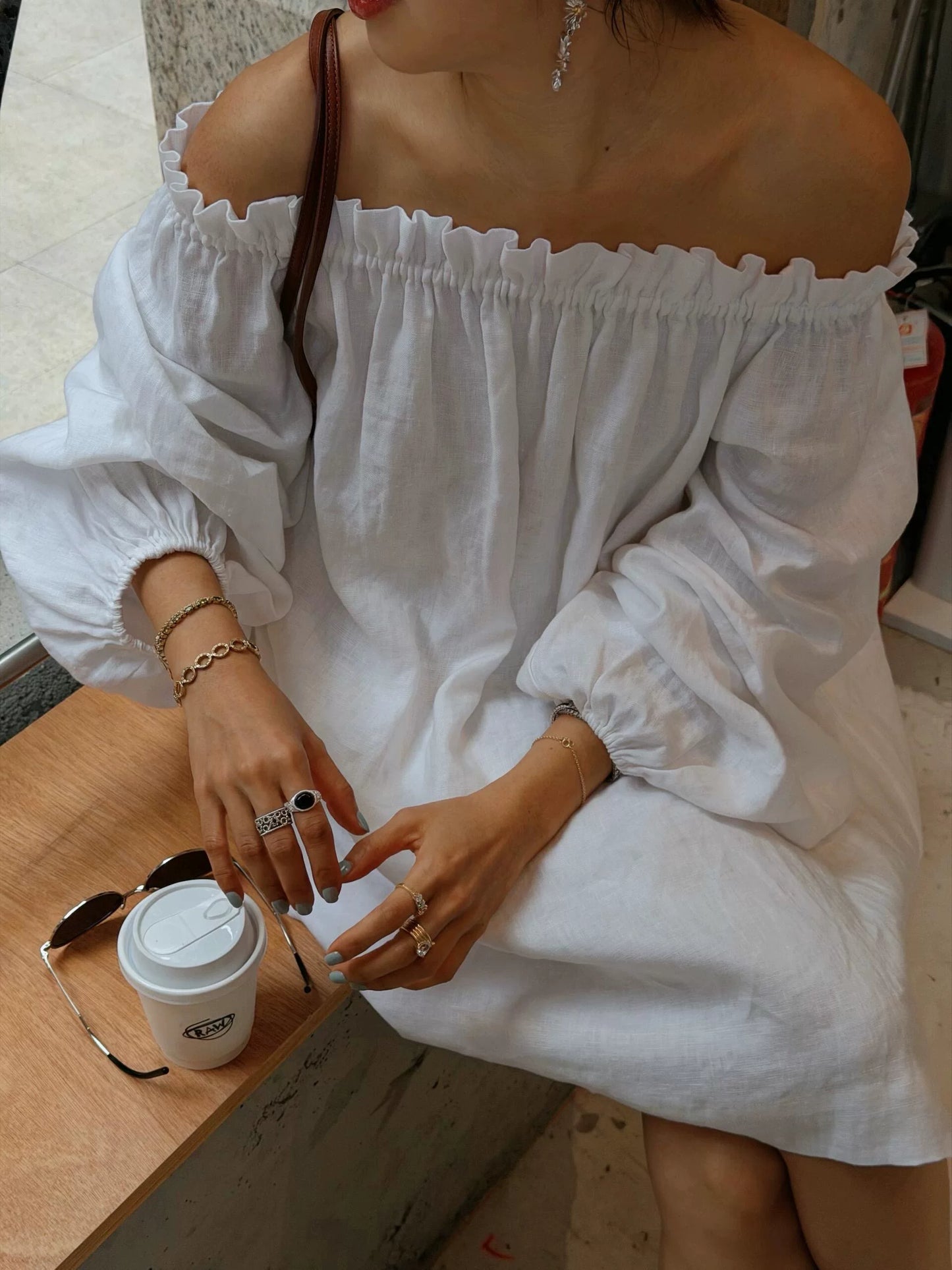 off shoulder ruffle linen mini dress 1color 【NINE7212】