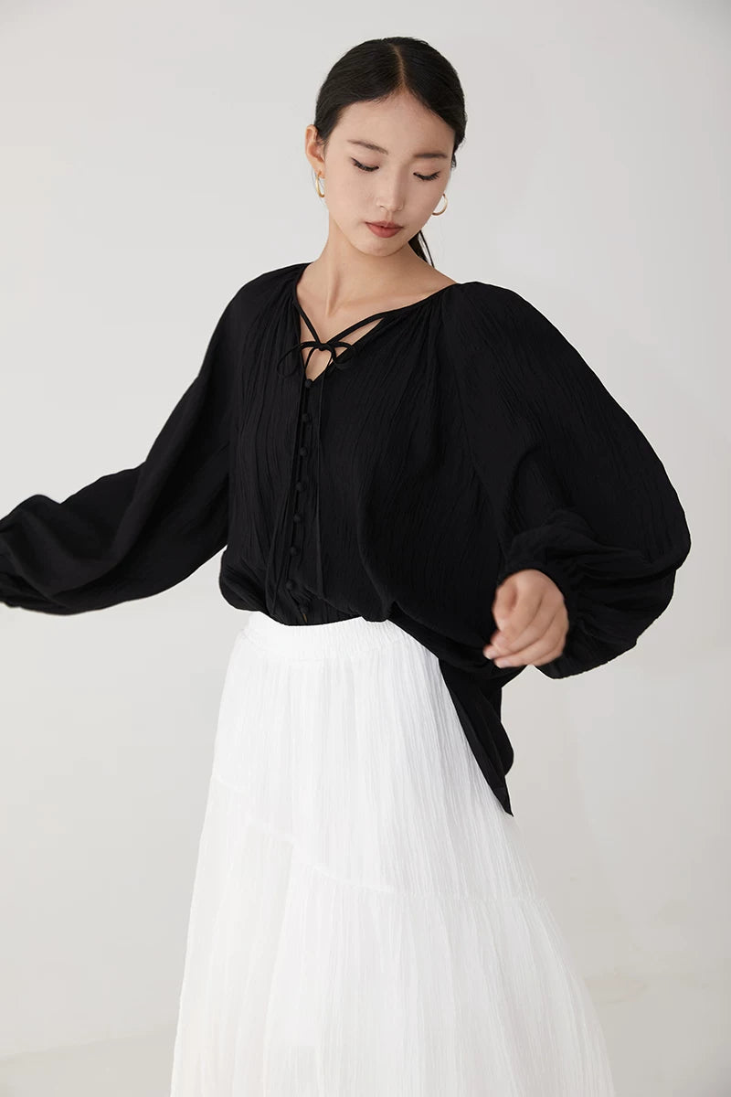 lace up tie lantern sleeve blouse 1color 【NINE7226】