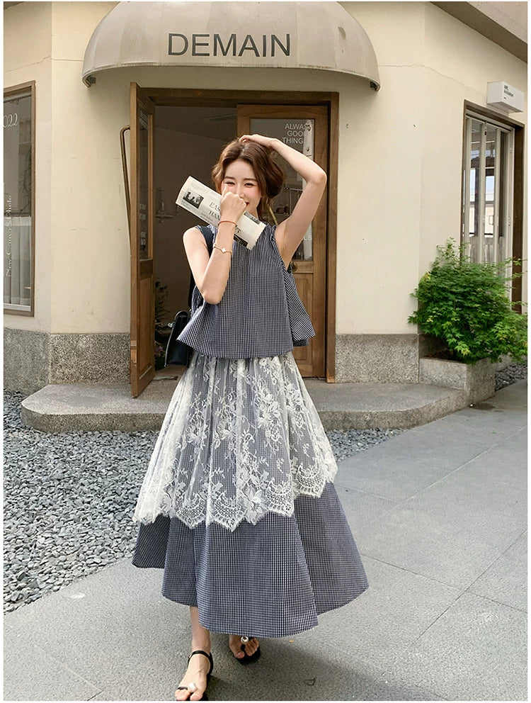 stripe lace fake twopiece dress 1color 【NINE7129】