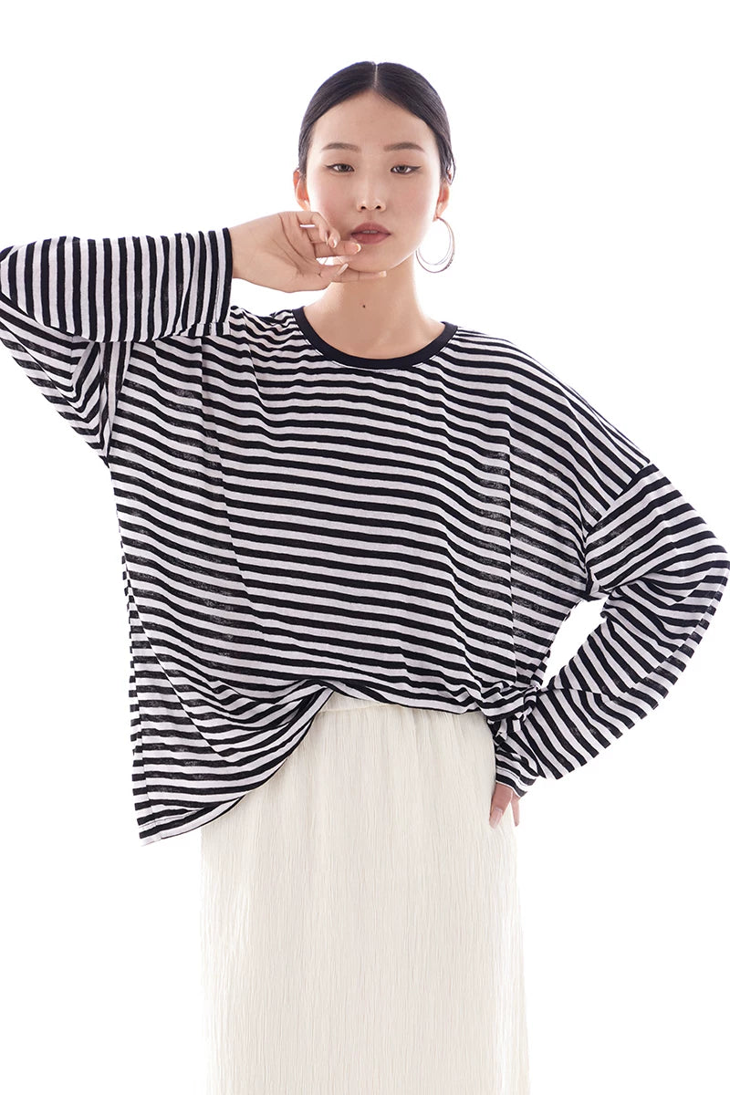 border crew neck loose long sleeve top 1color 【NINE7225】