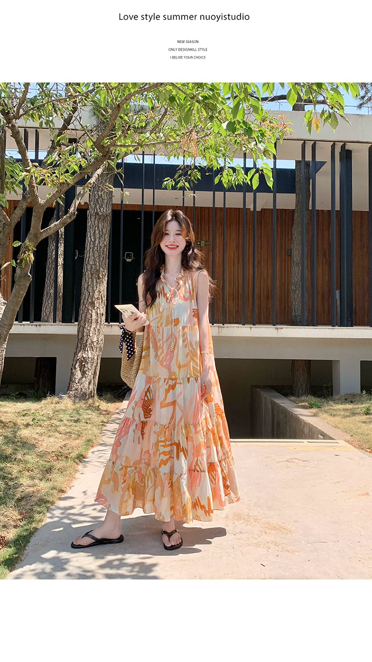 orange print tiered sleeveless dress 1color 【NINE7136】