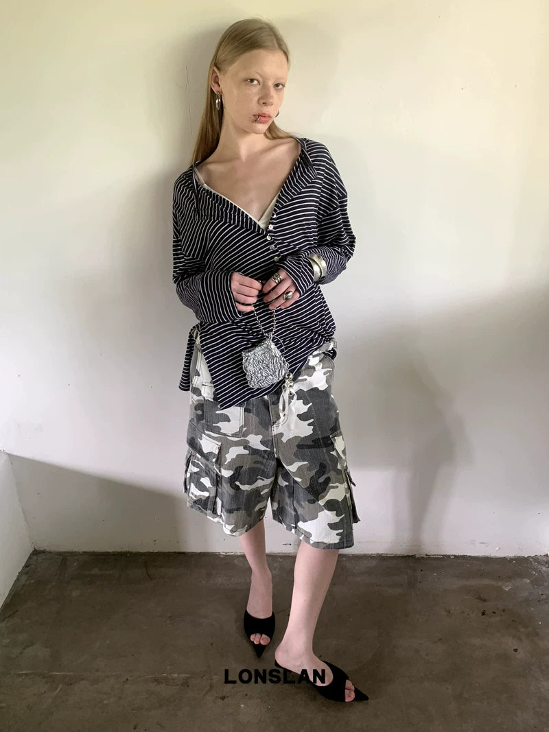 stripe deep v neck loose long sleeve top 2color 【NINE7017】