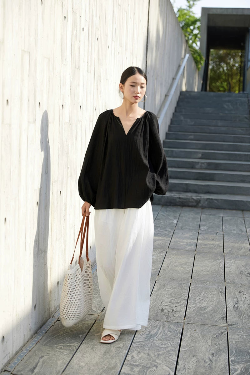 v-neck lantern sleeve loose blouse 14colors 【NINE7214】