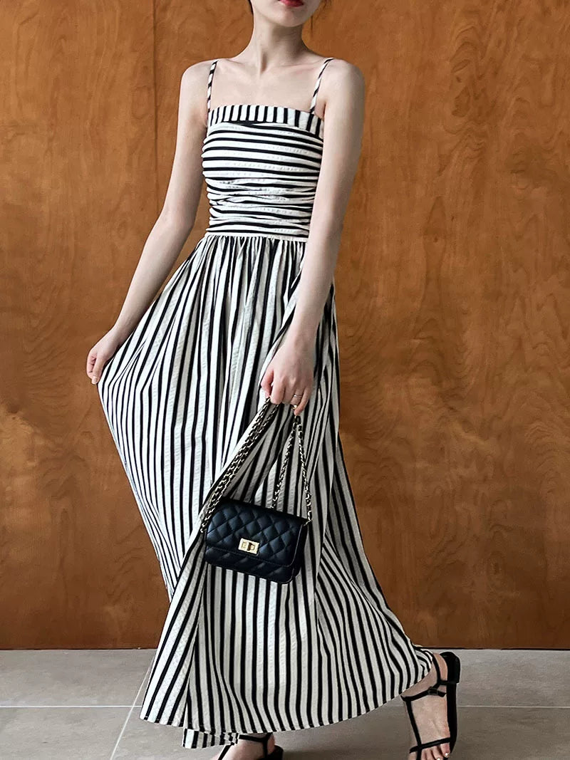 striped ruched camisole long dress 1color 【NINE7062】