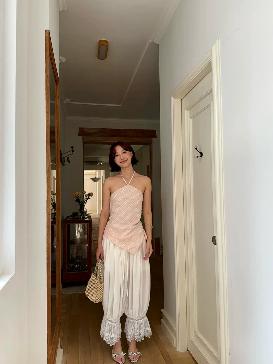lace hem pleated loose pants 1color 【NINE7141】