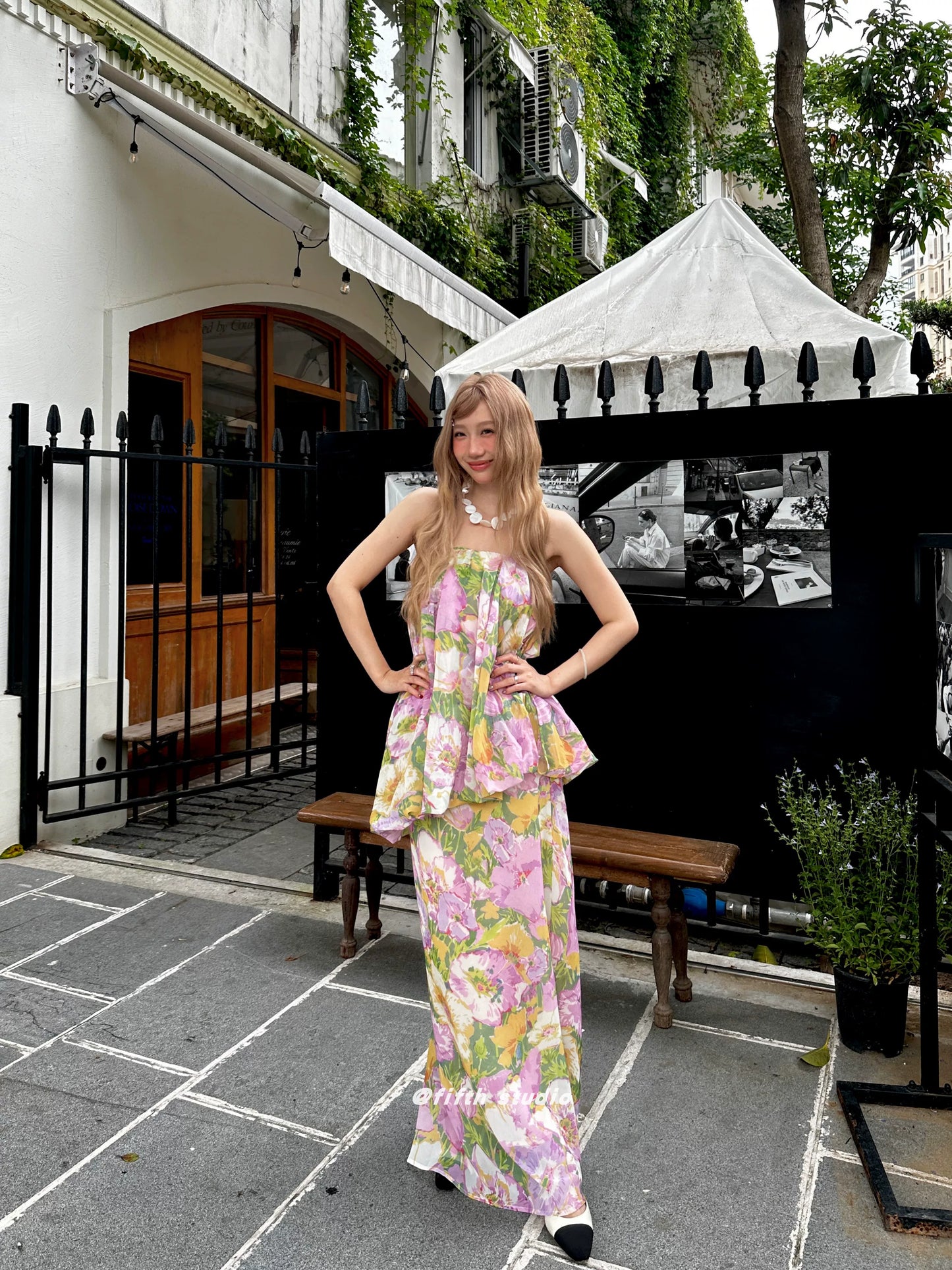 floral print tube top style fake two-piece long dress 1color 【NINE7147】
