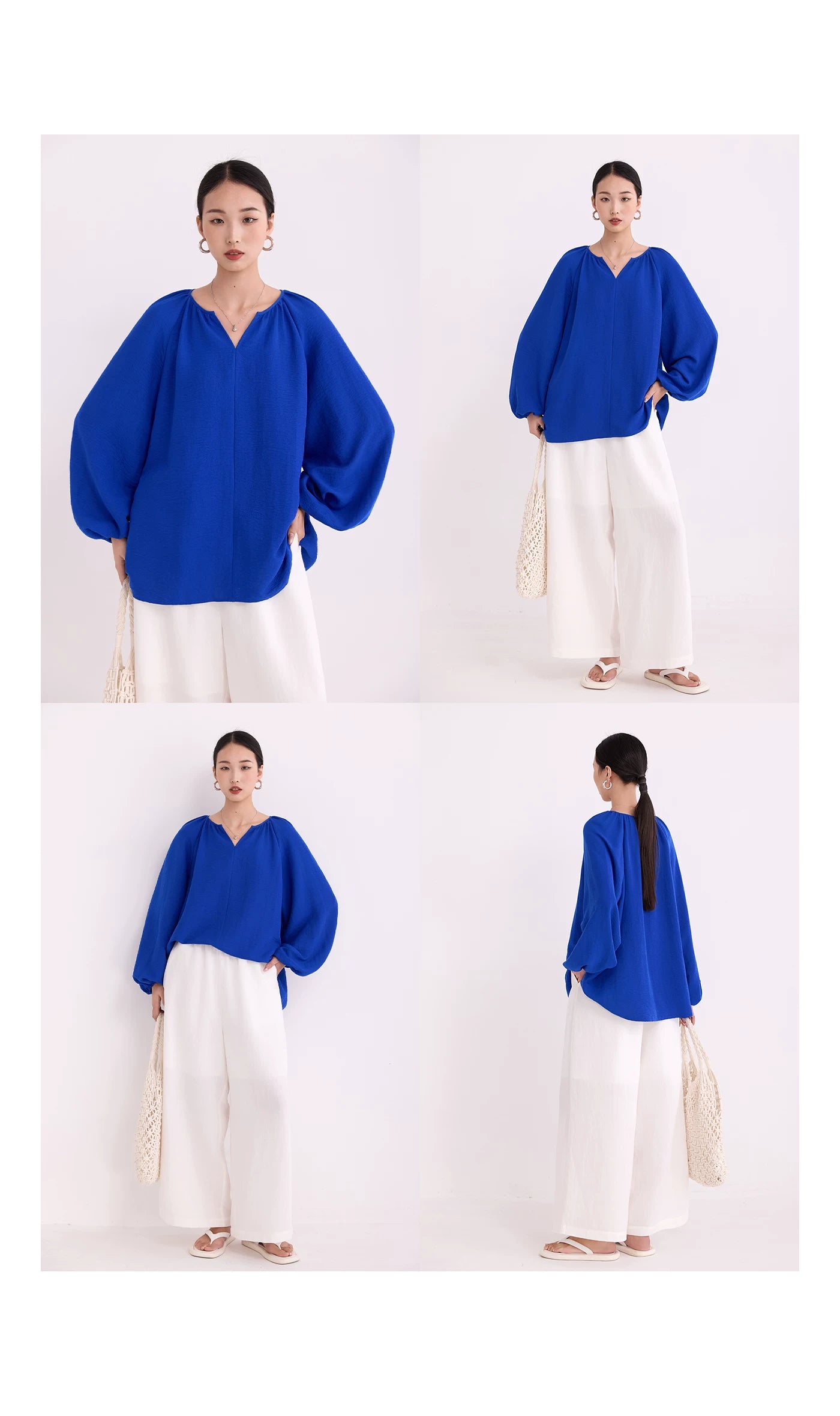 v-neck lantern sleeve loose blouse 14colors 【NINE7214】