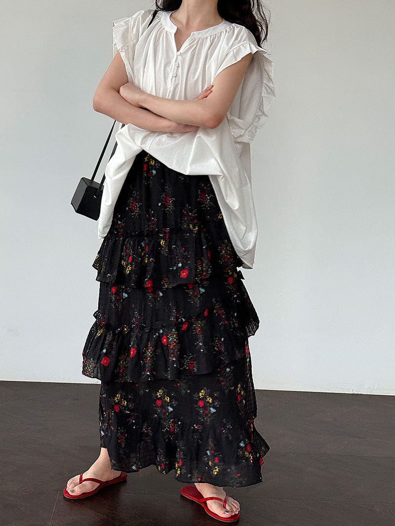 floral tiered slit maxi skirt 1color 【NINE7240】