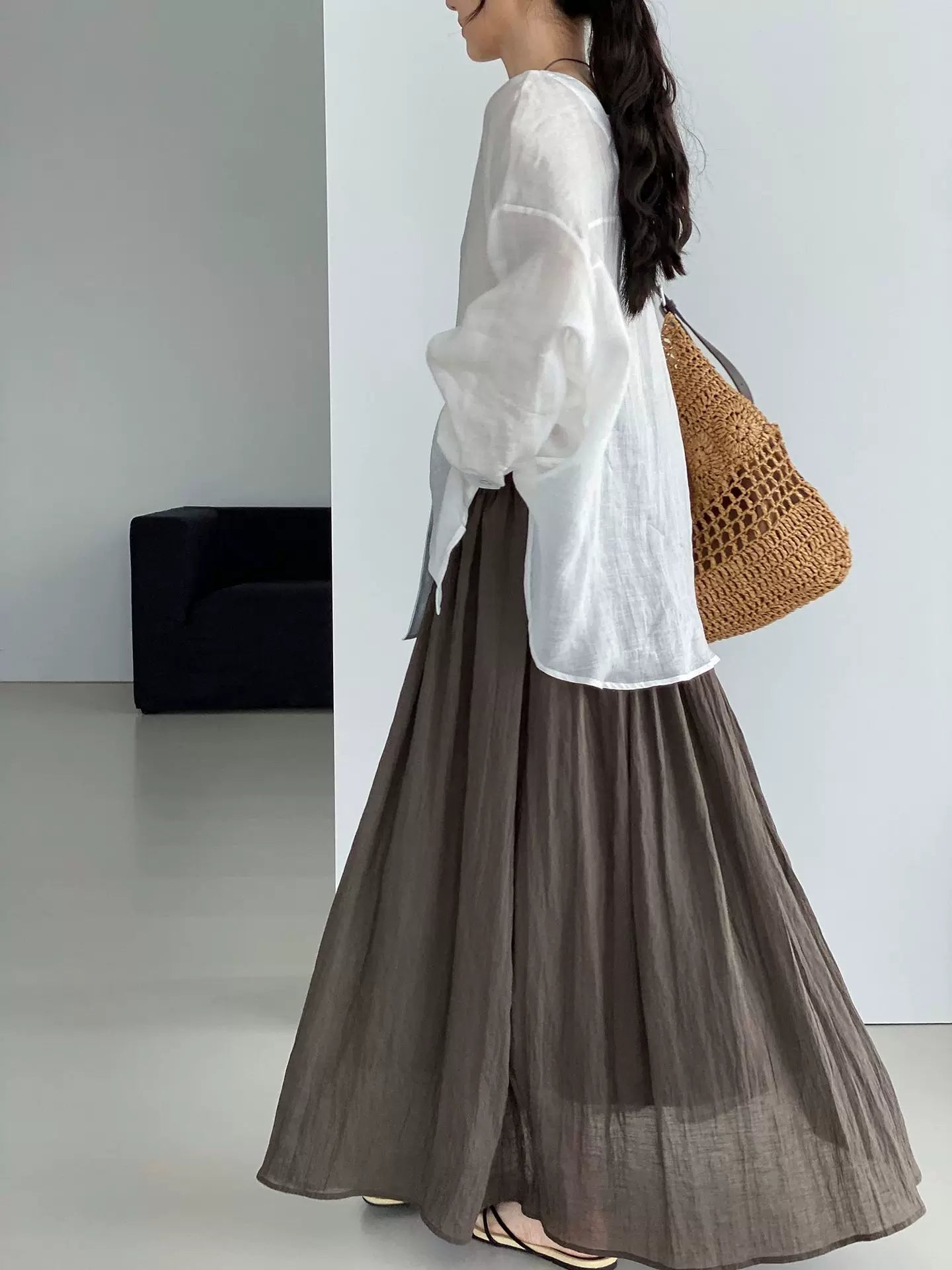 yoke pleated flared long skirt 2color 【NINE7077】