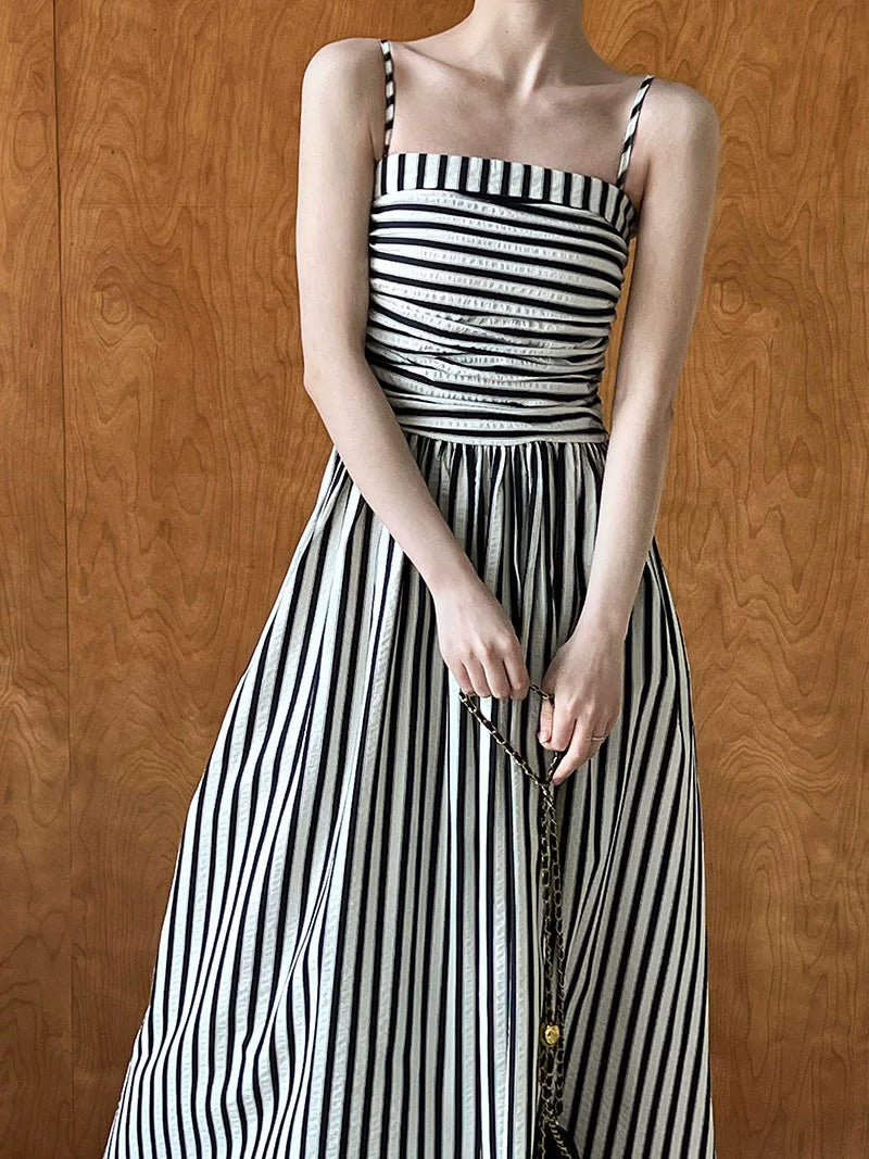 striped ruched camisole long dress 1color 【NINE7062】