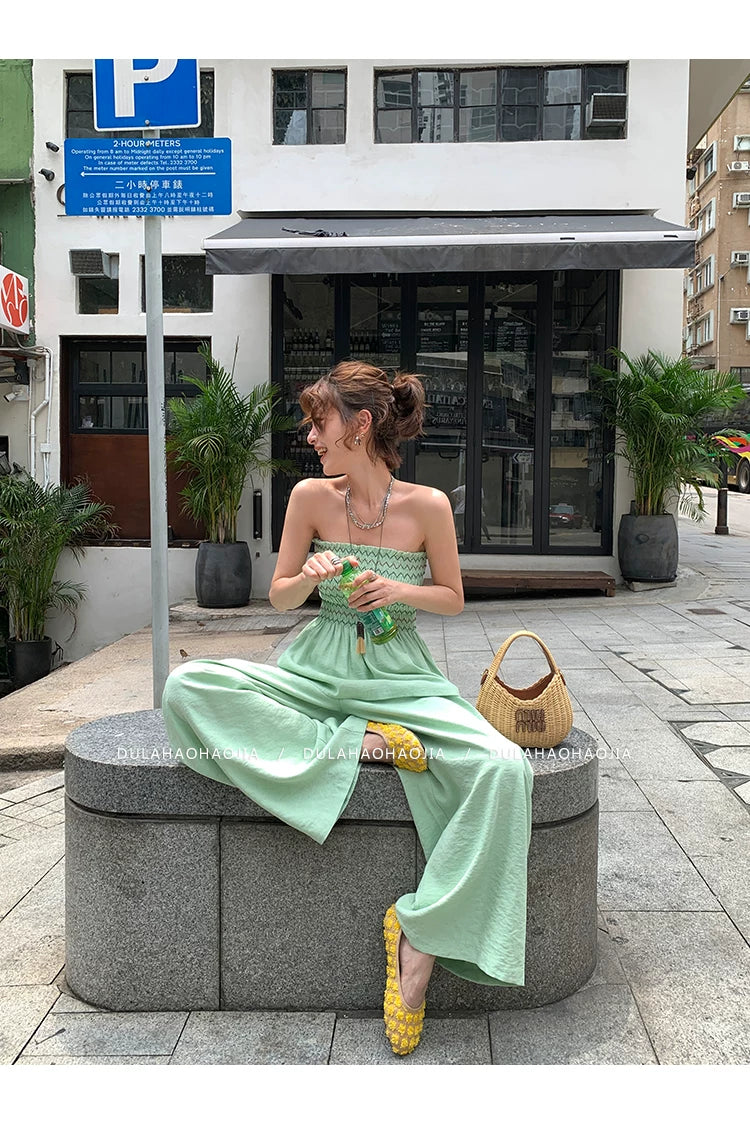 shirring bustier wide pants setup 1color 【NINE7095】