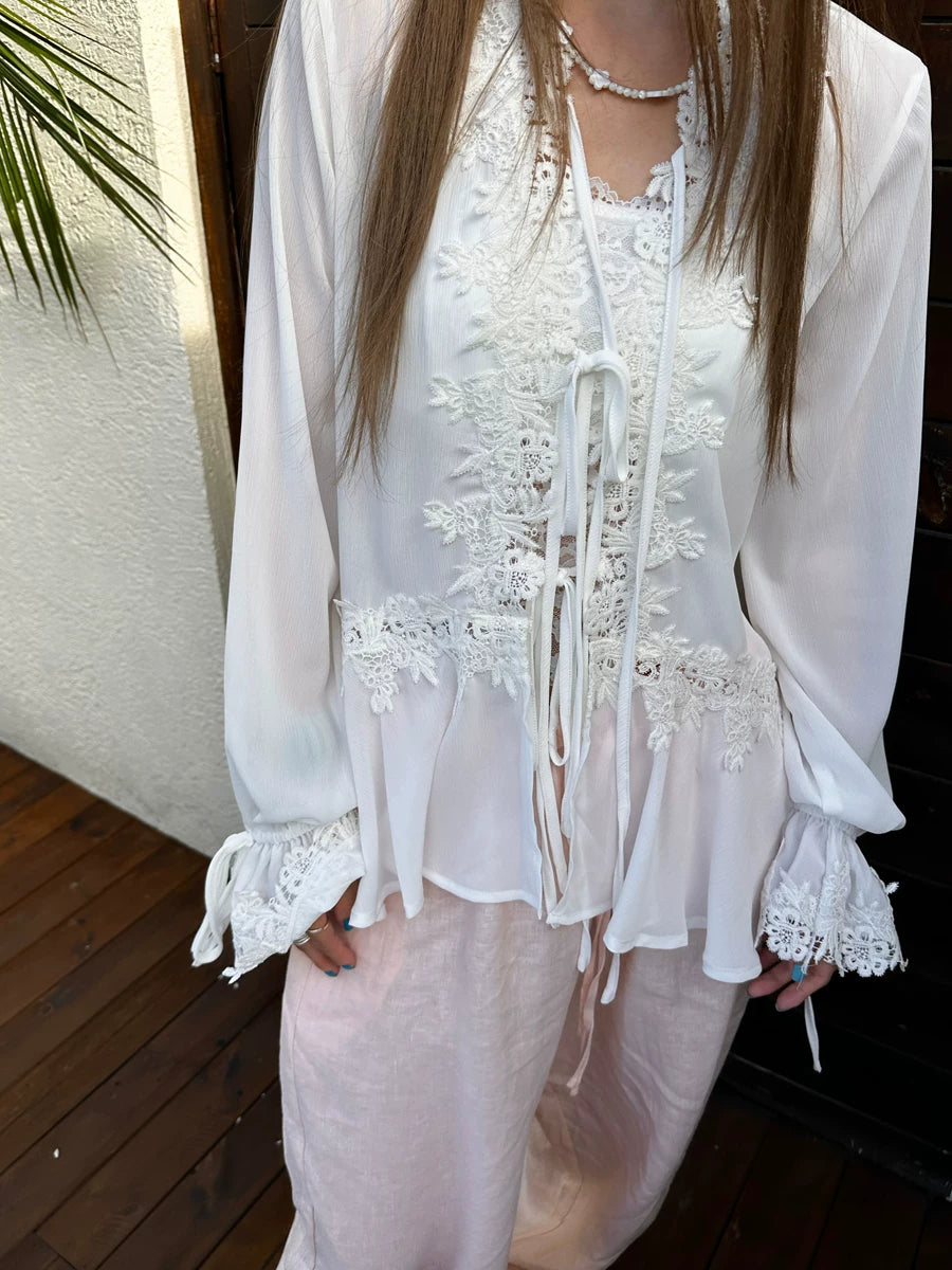 french lace tie loose blouse 1color 【NINE7148】