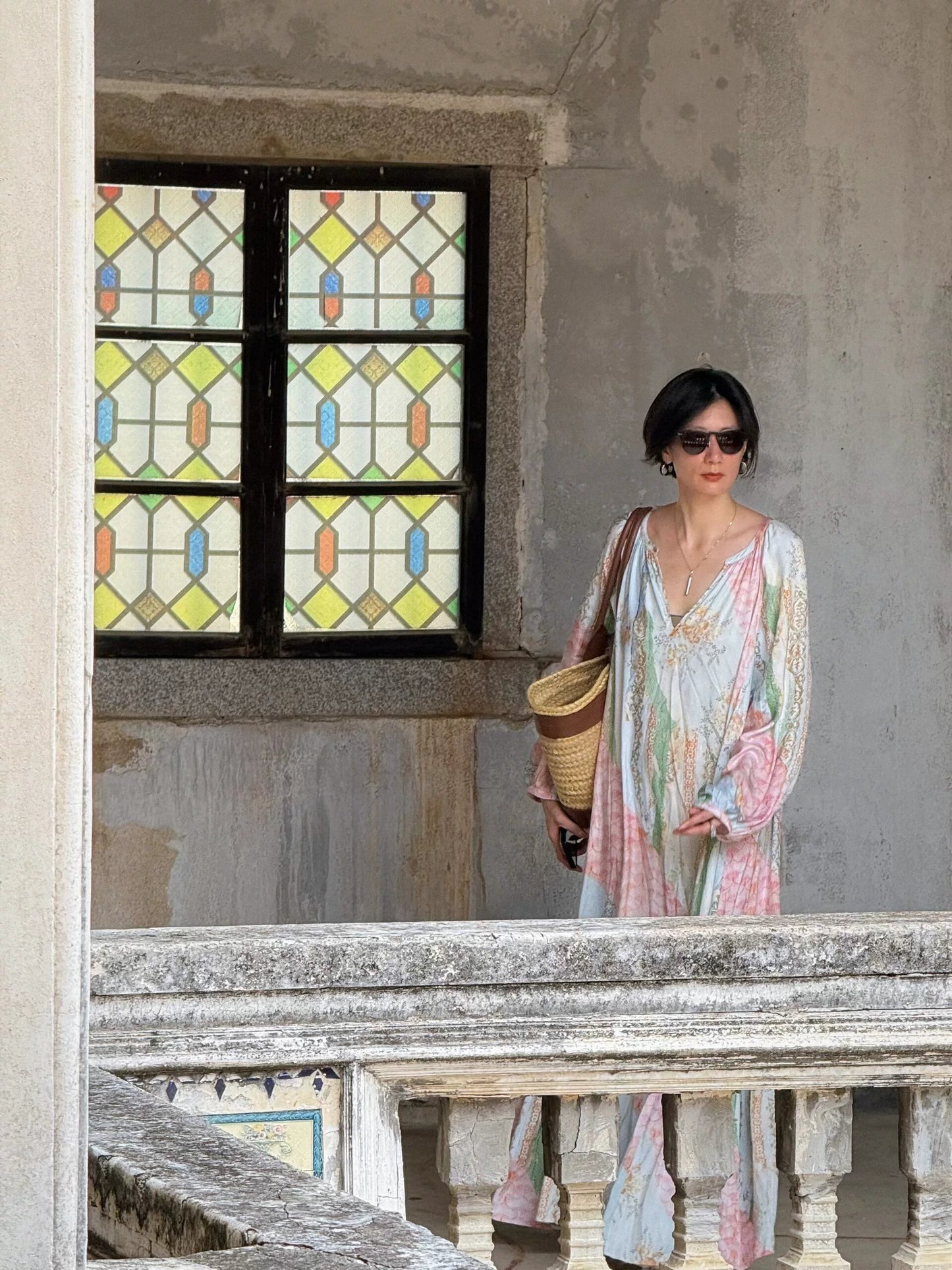 multi pattern V-neck long sleeve maxi dress 1color 【NINE7207】