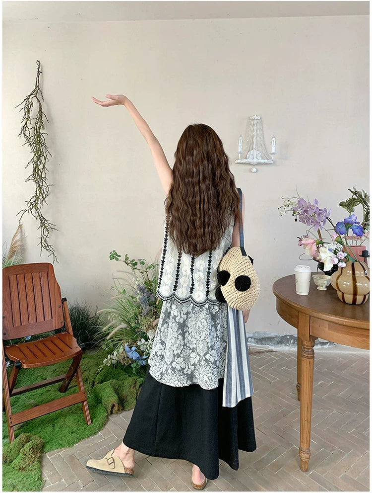 patchwork asymmetric skirt vest setup 1color 【NINE7113】