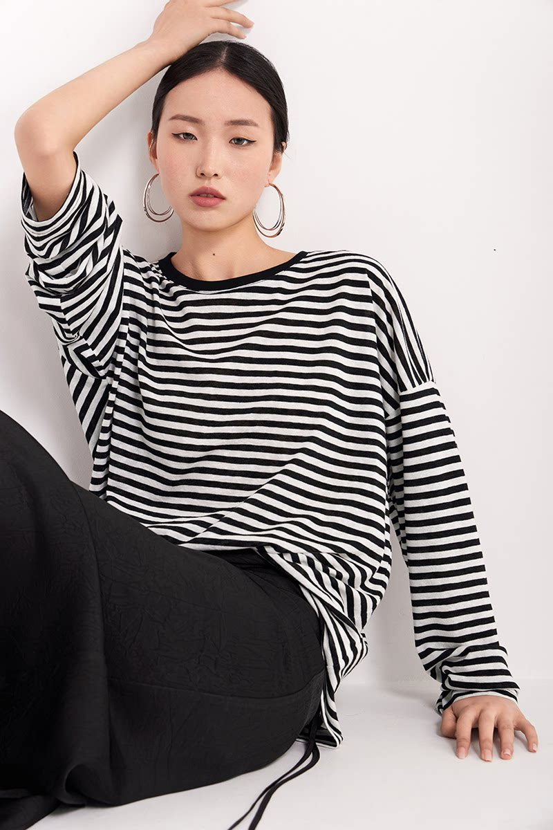 border crew neck loose long sleeve top 1color 【NINE7225】