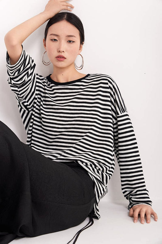 border crew neck loose long sleeve top 1color 【NINE7225】