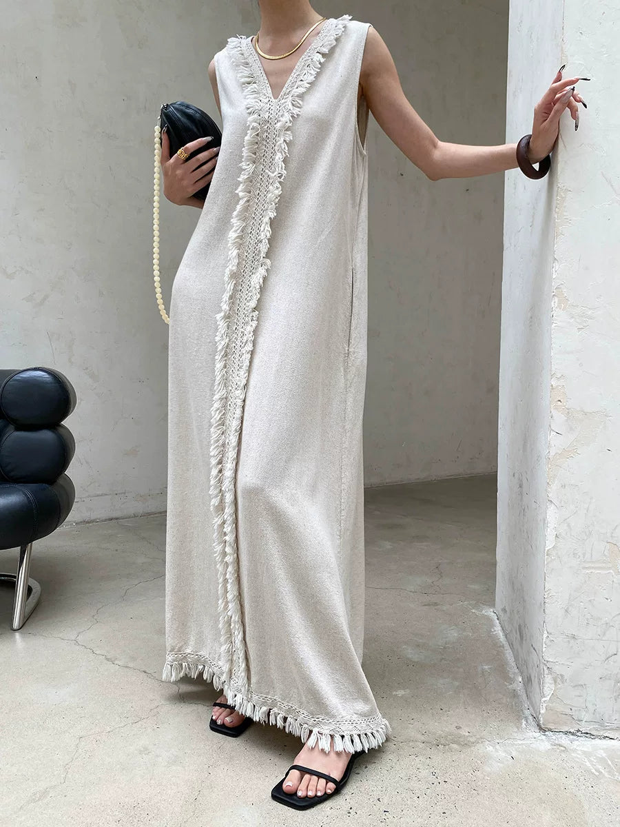 fringe sleeveless long dress 2color 【NINE7057】