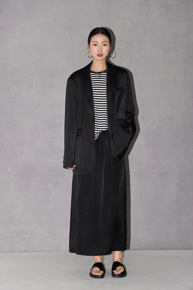 textured elastic waist long A-line skirt 1color 【NINE7217】