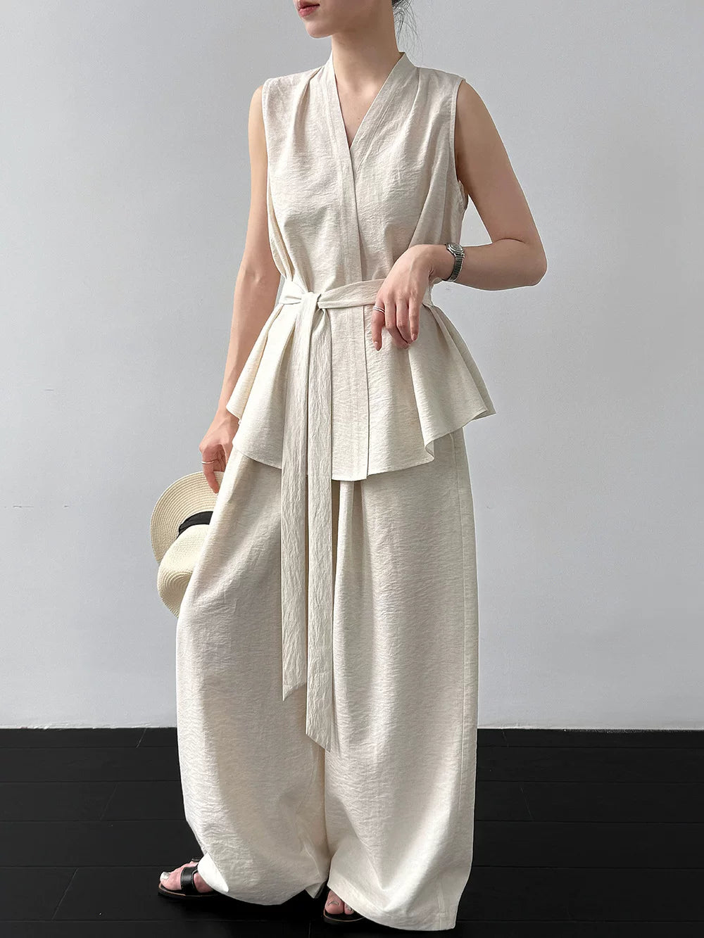 peplum tie sleeveless pants setup 2color 【NINE7082】