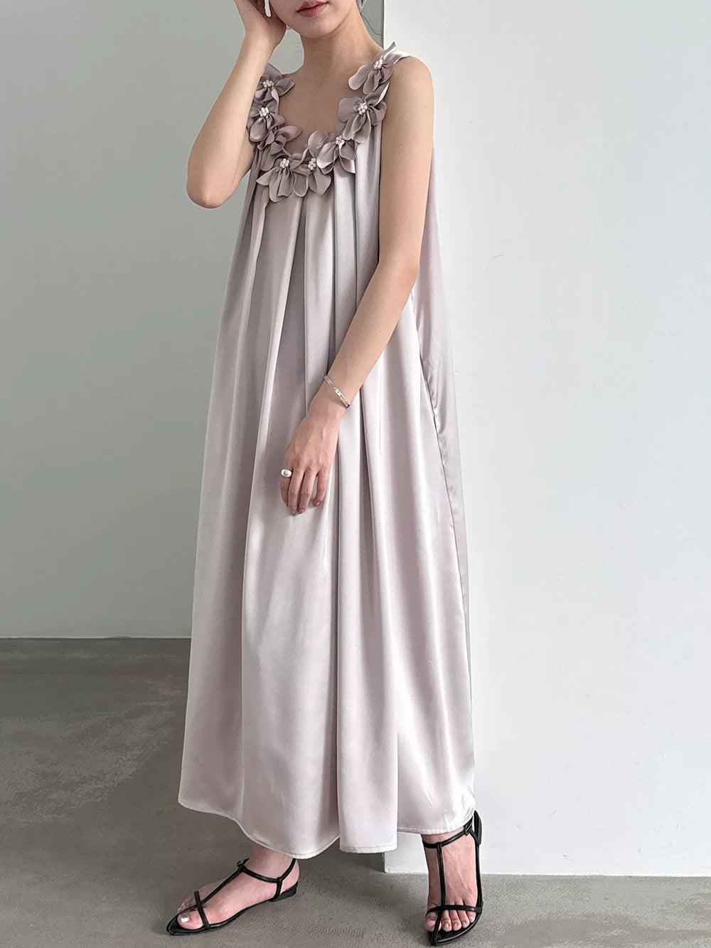 flower applique satin long dress 2color 【NINE7087】