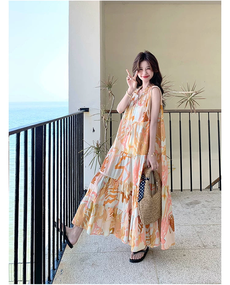 orange print tiered sleeveless dress 1color 【NINE7136】