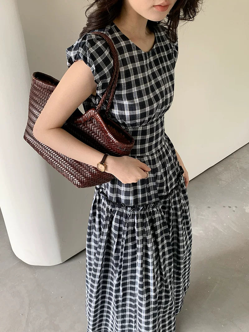 check tiered cap sleeve dress 1color 【NINE7066】
