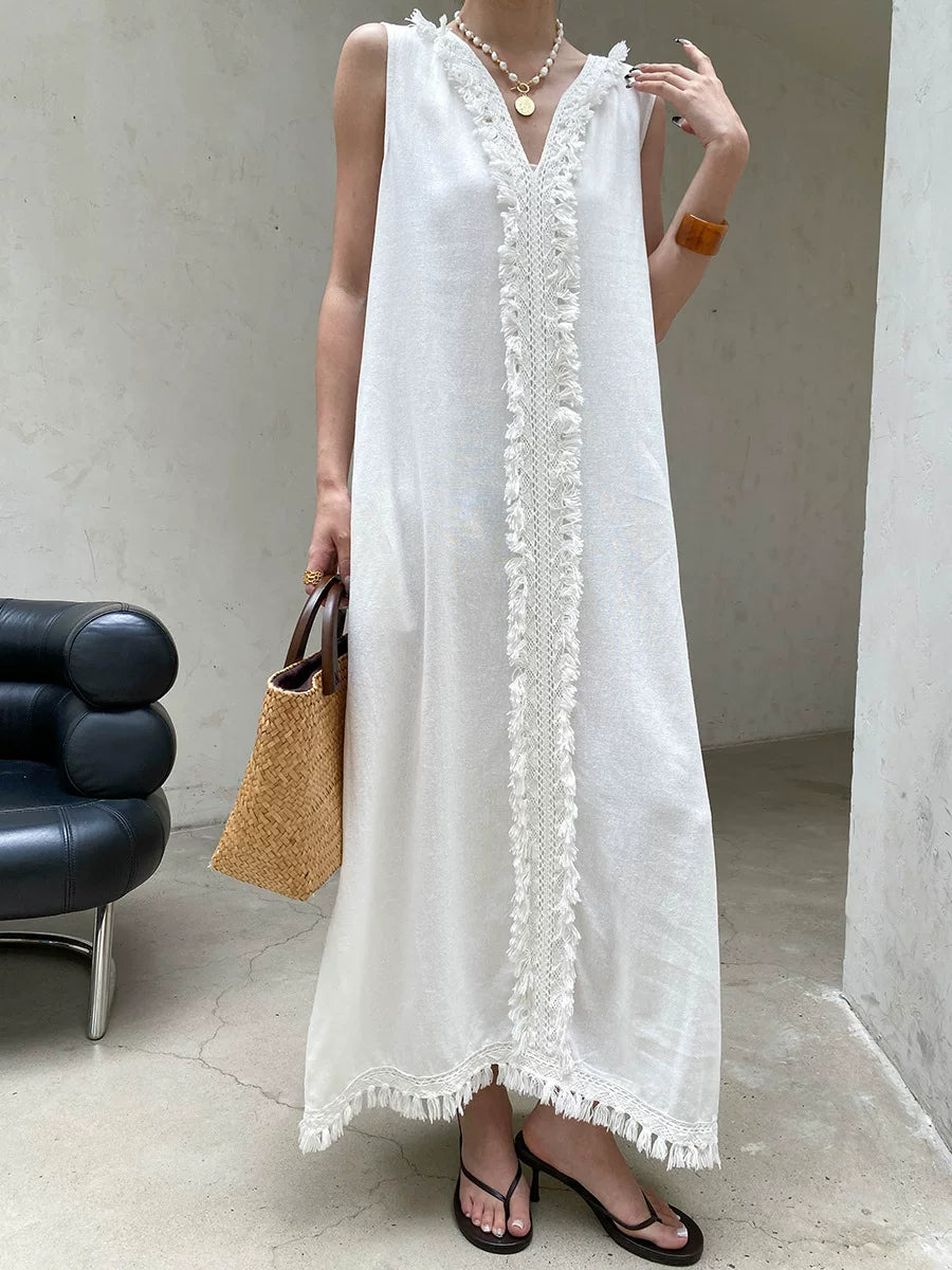 fringe sleeveless long dress 2color 【NINE7057】