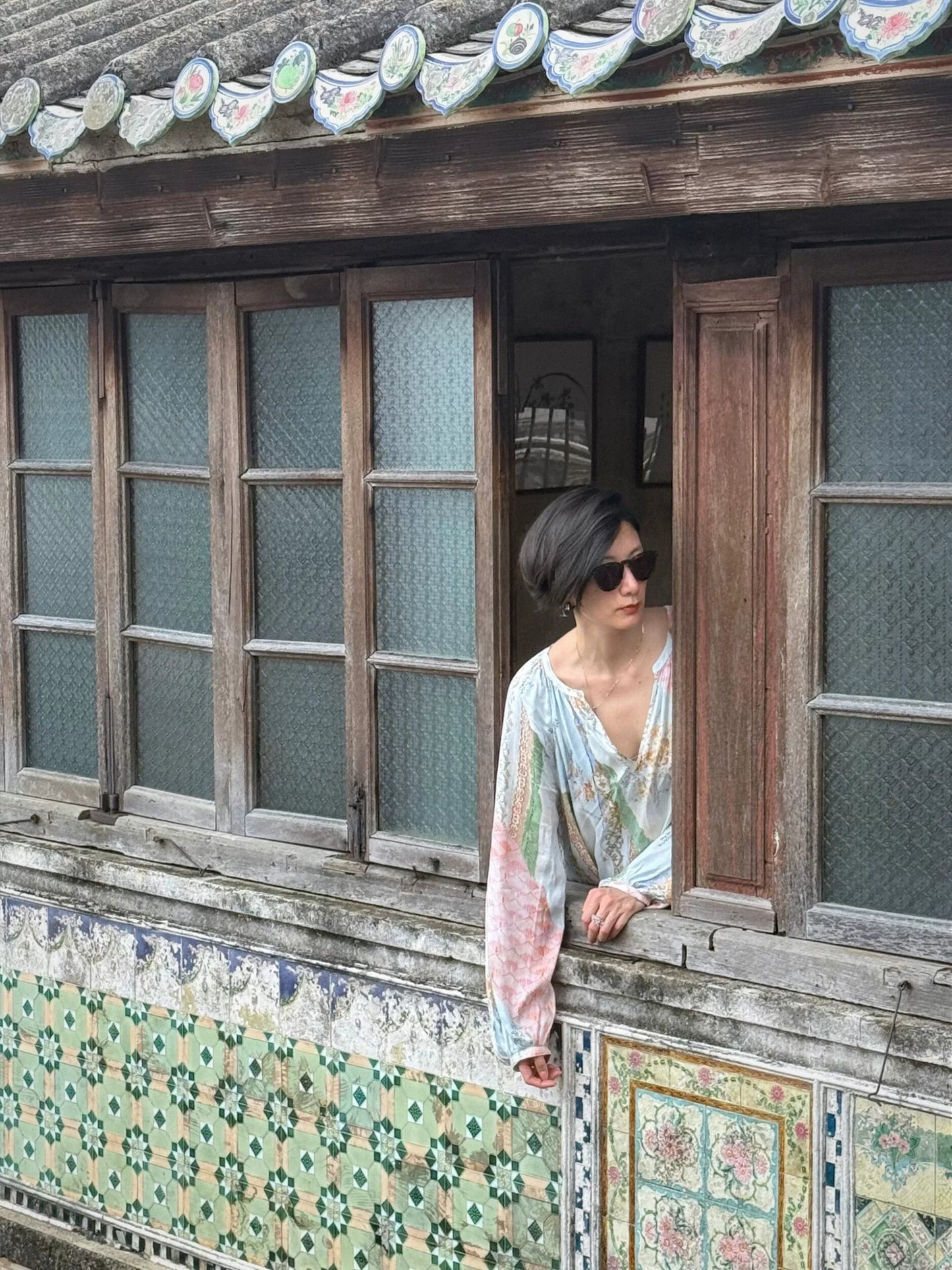 multi pattern V-neck long sleeve maxi dress 1color 【NINE7207】