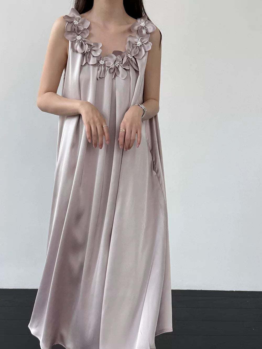 flower applique satin long dress 2color 【NINE7087】