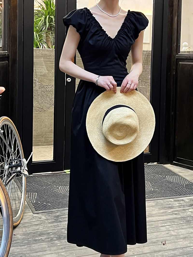 v neck gathered long dress 2color 【NINE7243】