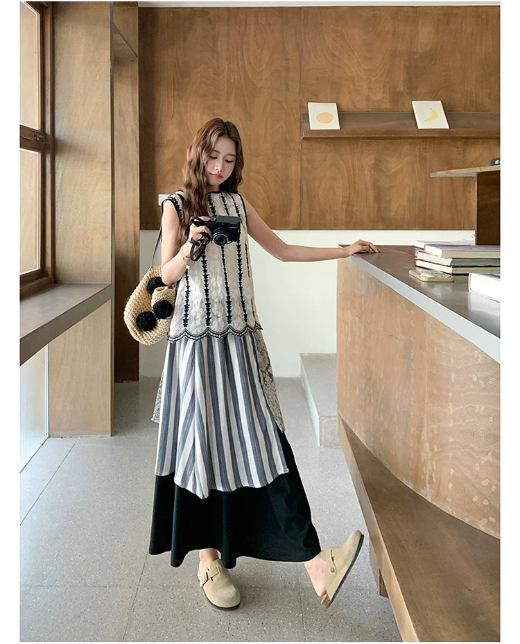 patchwork asymmetric skirt vest setup 1color 【NINE7113】