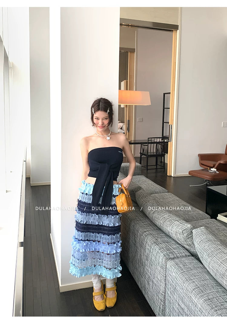 ruffle color block midi skirt 1color 【NINE7097】