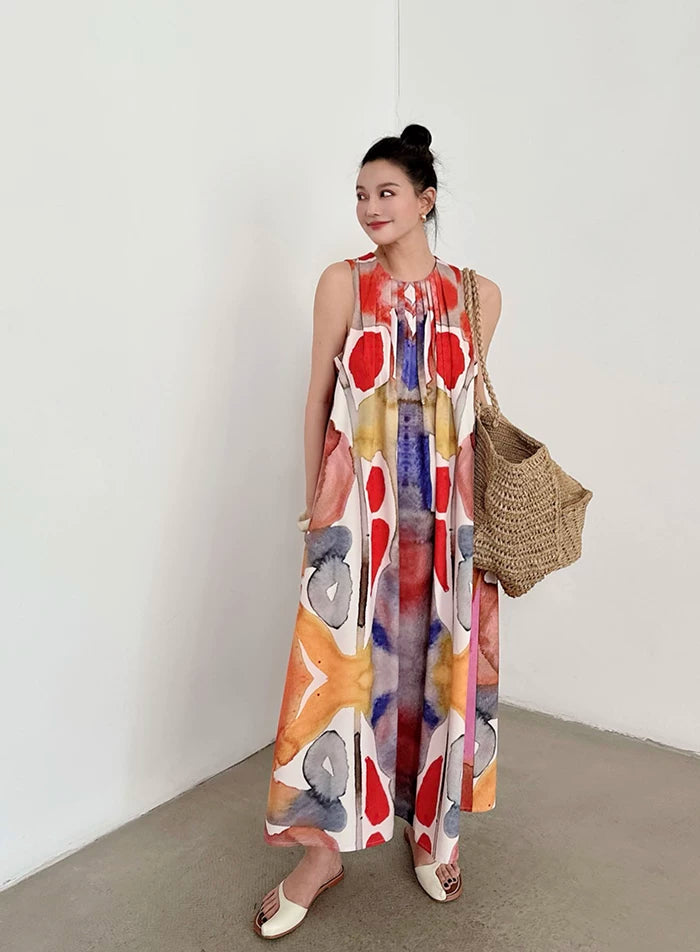 oil painting print sleeveless long dress 1color 【NINE7041】