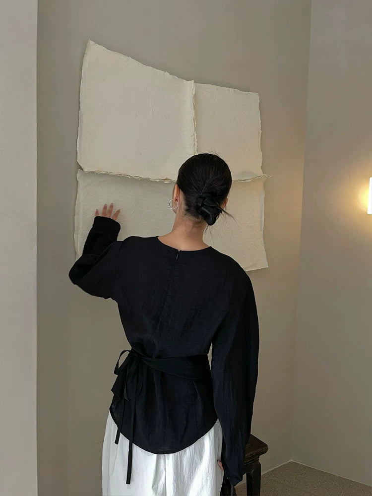 waist ribbon tie long sleeve blouse 1color 【NINE7198】