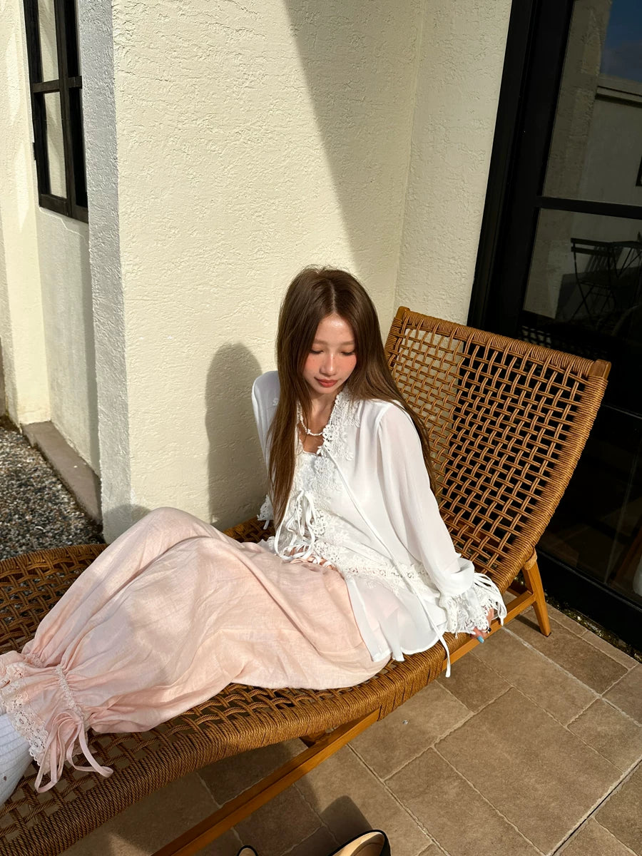 french lace tie loose blouse 1color 【NINE7148】